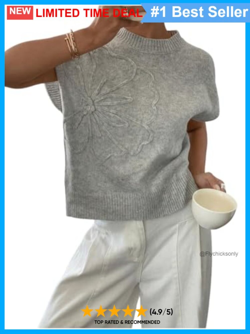 Women's Short Sleeve Crew Neck Floral Pullover Sweater Loose Fit